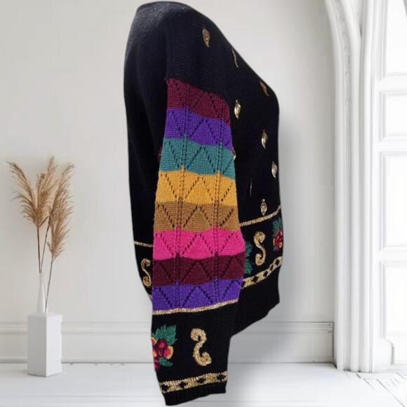 Vintage 80s Carole Little Embellished Wool Sweater M Black Rainbow Art to Wear - Picture 3 of 13